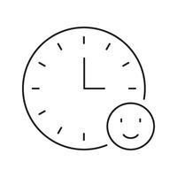 Clock With Smiling Face Line Icon. Time Management And Positive Mood Outline Symbol. Happiness And Productivity Balance. Editable Stroke. Isolated Illustration vector