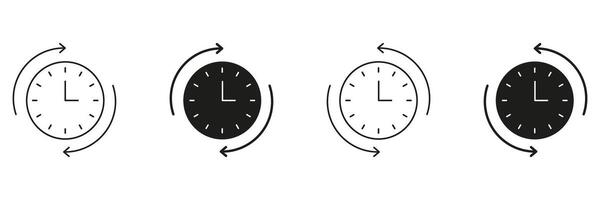 Clock With Arrows Line And Solid Icon Set. Time Management, Scheduling, And Cycle Rotation Symbol Collection. Concept Of Efficiency And Planning. Isolated Illustration vector