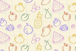 pattern of fruits and vegetables, colorful doodle sketch, healthy food background design. Pattern with hand drawn fruits and vegetables in playful style for your design vector