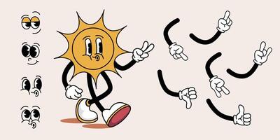 Funny retro cartoon hippie character sun in a trendy groovy style. Sun with a set of different emotions and different hand gestures. Set in the style of the 60-70s. World Sun Day vector