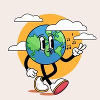 Groovy walking Earth cartoon character with music notes peace sign and retro sun joyful 60s 70s style mascot with hippie vibes colorful design for eco themes and nostalgic fun planet illustrations vector