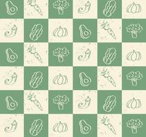 Rustic Vegetable Pattern with Garlic, Carrot and Greens. checkerboard pattern with rustic vegetables in green and cream tiles vector