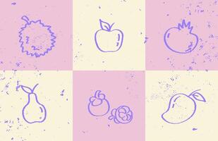 Fruit icon set in retro style on pastel grunge squares. Doodle fruit collection with vintage grunge texture and colorful block layout. vector