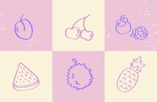 6 hand-drawn illustrations about exotic fruit in doodle sketc. Trendy fruits sketch set with vintage texture and pastel blocks. Hand drawn fruit icons in retro sketch style on pink beige vector