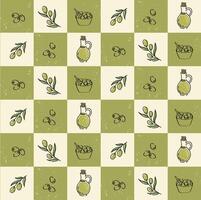 Olive oil pattern in vintage green grid. olive and oil bottle pattern in rustic style with green-beige blocks and texture. vector