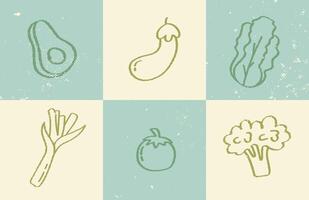 6 hand-drawn illustrations of vegetables sketch doodles. Vegetable icons in vintage grid with textured background. Rustic vegetable drawings in muted green blocks with retro sketch texture. vector