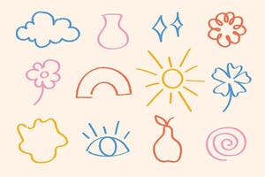 Hand-drawn nature elements set, doodle clouds, sun, flowers, abstract minimal line art collection. Colorful hand-drawn set of nature elements including clouds, sun, flowers, and abstract shapes vector