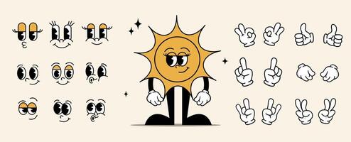 Retro wind up sun character creation kit with funny faces and hand options nostalgic cartoon style from 60s and 70s colorful design for creative use in kids projects toys and character building vector