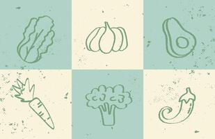 6 hand drawn illustrations healthy food sketch doodle. Vegetable sketch set with grunge retro texture. Hand-drawn vegetables on soft green-beige squares with rustic textured background. vector