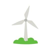 A wind turbine is shown in a field with green grass. Concept of sustainability and renewable energy vector