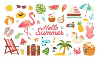 A colorful image of a beach scene with a flamingo, umbrella, and other beach items. The image is titled Hello Summer and is meant to evoke feelings of relaxation and fun vector