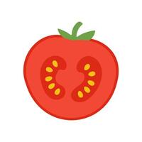 A cartoon drawing of a tomato with a stem and a leaf. The tomato is cut in half, revealing its seeds vector