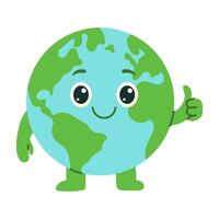 A cartoon of a smiling earth with thumbs up. The earth is green and blue. The cartoon is meant to be a positive message about the importance of taking care of the planet vector