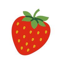 A cartoon strawberry with a green leaf on top. The strawberry is red and has a lot of small dots on it vector