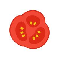 A cartoon drawing of a tomato with three seeds. The tomato is cut in half and the seeds are visible vector