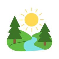 A cartoon drawing of a forest with a river and a sun. The sun is shining brightly, and the trees are green vector