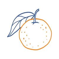 A hand-drawn orange with a leaf on top. The orange is bright orange and the leaf is blue. The drawing has a playful and whimsical feel to it vector