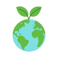A green leaf is growing on a globe. The globe is surrounded by a blue circle. Concept of the importance of taking care of the environment and the earth vector