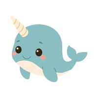 A cute cartoon whale with a unicorn horn on its head. The whale is smiling and looking at the camera vector