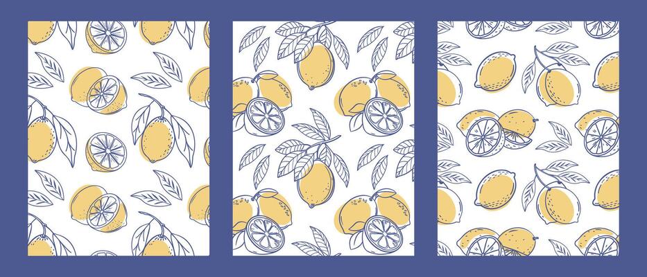 Set of hand drawn posters with lemons. Ink doodle sketch. Vintage backgrounds for cafe or restaurant menu.