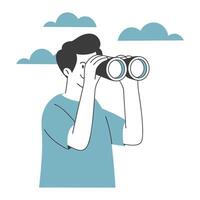 Man looking through binoculars against clouds background. Minimalist illustration. vector