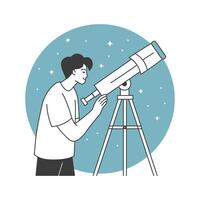 Man observing the night sky with a telescope. Minimalist illustration. vector