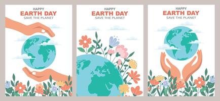Earth day poster set with globe, hands, flowers, and the text Save the Planet. Set of banners. Illustration vector
