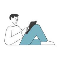 Man sitting on the floor with a tablet. Young man using a tablet device. Minimalist illustration. vector