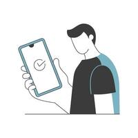 Man holding a smartphone with a check mark on the screen. Minimalist illustration. vector