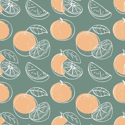 Oranges and slices with leaves seamless pattern. Hand drawn citrus outline on green background. Illustration.