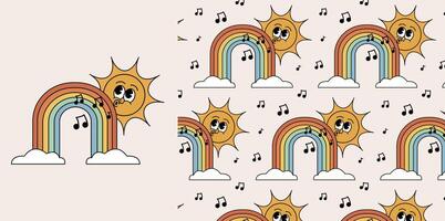 retro pattern cute sun and rainbow with musical notes in groovy cartoon styles. Vintage pattern with kawaii sun, rainbow and music notes retro cartoon design vector