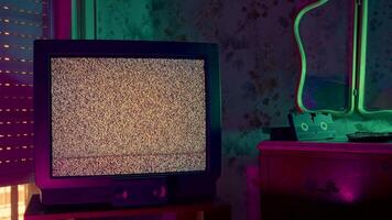 Vintage CRT TV with Static and VHS Tapes in Retro Room with Summer Glow video