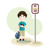 Boy waiting at bus stop. vector