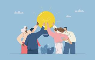 Creative brainstorming, Teamwork, Team or collaboration for business success, Sharing Ideas, Creative business team hand touching light bulb, Flat design illustration. vector
