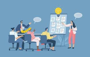 Business workshop or meeting, Team brainstorming to create new ideas, Business team of many people with women standing beside whiteboard and sticky notes, Flat design illustration. vector