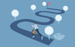 Project planning to develop the timeline of business progress, Roadmap, Work duration review, Key route map with action plans, Businessman running on project timeline, Flat illustration. vector