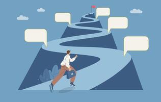 Businessman runs up steep road with a red flag at his destination, Project planning development timeline in business, Roadmap, Important route map with action plan, Project timeline. vector