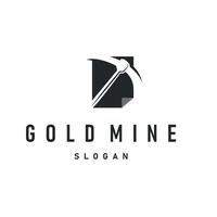 mining logo design simple minimalist concept gold mountain mining with worker hat, pickaxe tool, vintage retro template vector