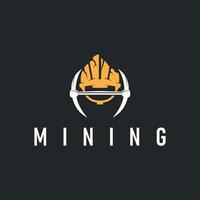 mining logo design simple minimalist concept gold mountain mining with worker hat, pickaxe tool, vintage retro symbol vector