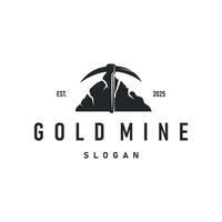 mining logo design simple gold mountain mining with worker hat, pickaxe tool, vintage retro template illustration symbol vector