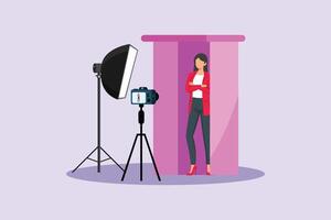 People posing during a photo box session. Photo Box Session Concept. Colored flat illustration isolated vector