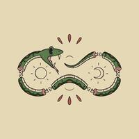 retro cartoon splited snake between sun and moon vector
