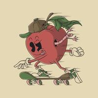 retro cartoon emblem of a fast-skating apple vector