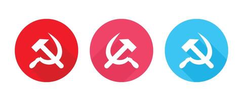 Circular icons displaying the communist symbol of a hammer and sickle with long shadow. vector