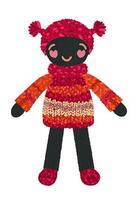 Cute knitted doll in red hat, coat and boots. isolated illustration vector