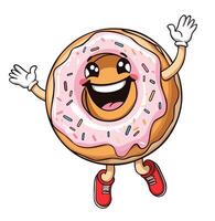 Joyful anthropomorphic jumping donut. isolated retro cartoon groovy illustration vector