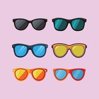 A bright and playful Sunglass set of colorful sunglasses with various frame and lens colors. Ideal for summer, graphics, fashion illustrations, accessory icons, or beach themed designs. vector