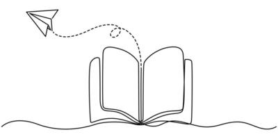 Continuous one line drawing of open book and flying paper plane. Single line drawing of content for school, education, study illustration on white background. vector