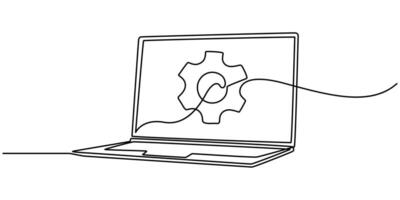 laptop and gears continuous one single line drawing of System Integration Single Line Icon, connected with gears on laptop. vector