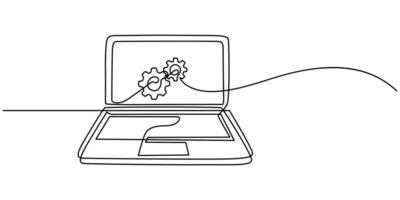 Continuous one Line Drawing of System Integration Icon laptop and gears.Single Line illustration. vector